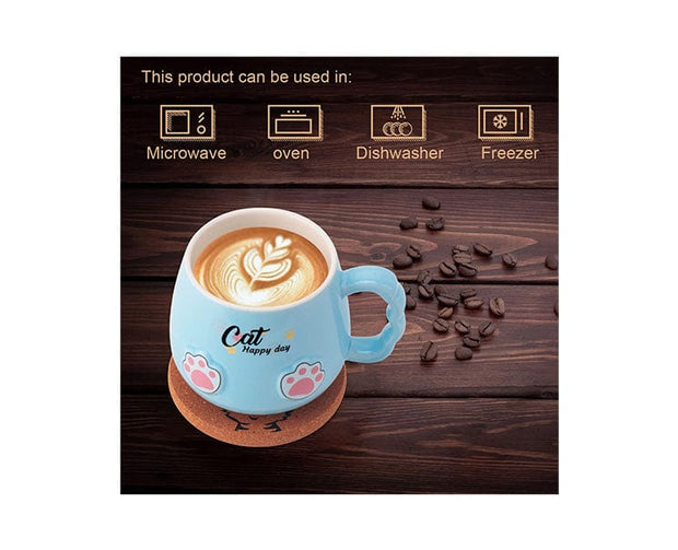 Ceramic Cat Mug with Lid and Spoon: Blue
