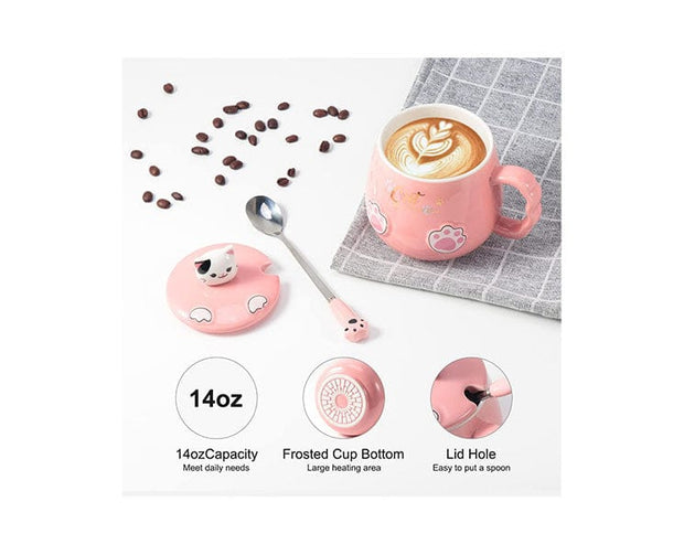 Ceramic Cat Mug with Lid and Spoon: Pink
