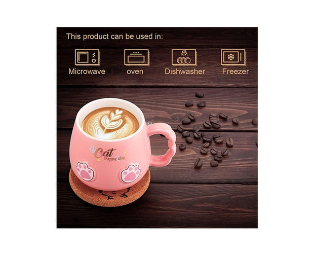 Ceramic Cat Mug with Lid and Spoon: Pink
